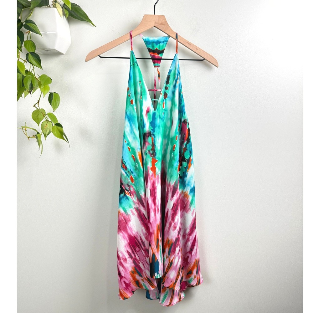 Buddy Love Olive Tie Dye Halter Mini Dress Teal Pink V-Neck S Boho Festival